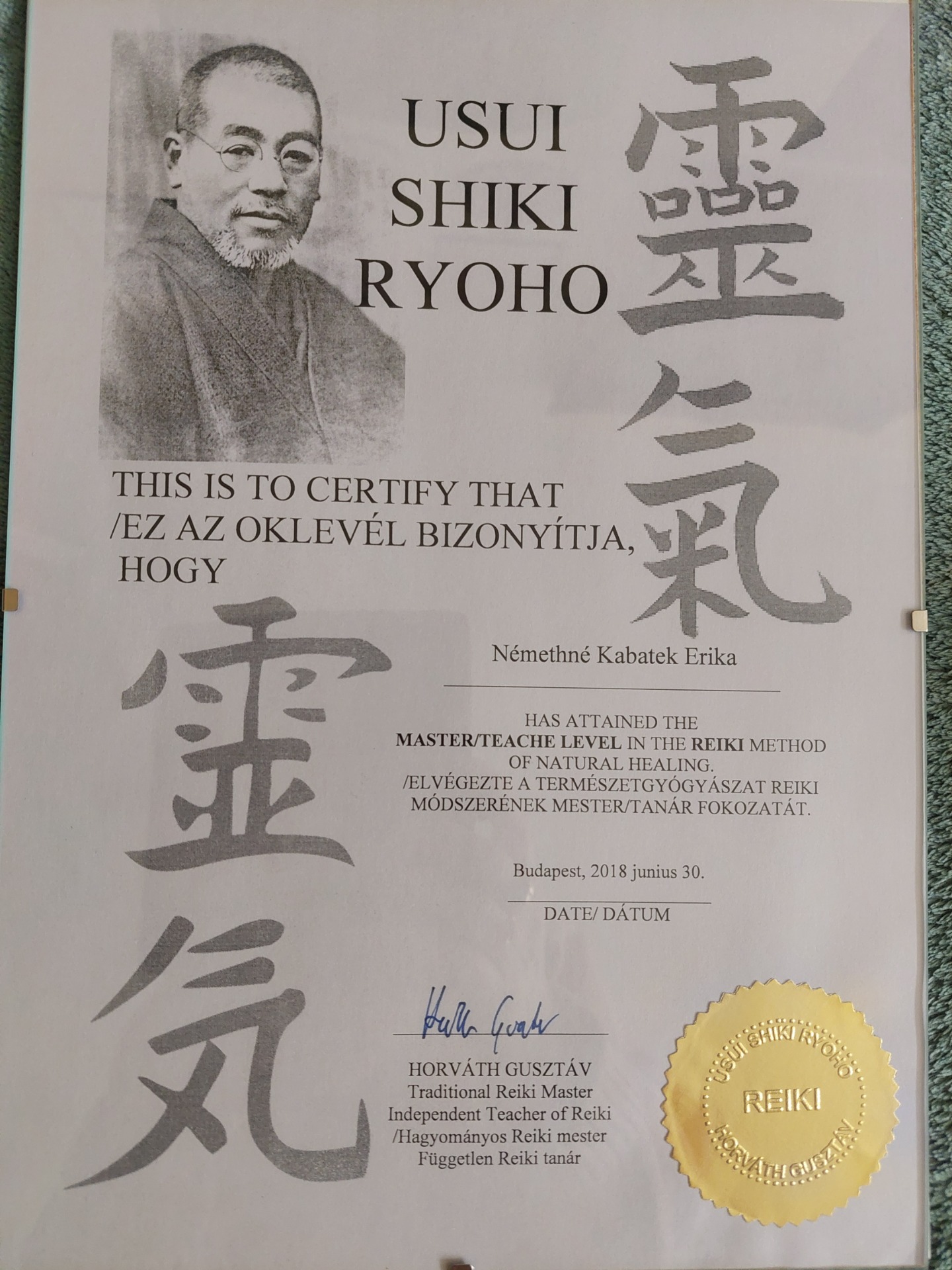 Tradicionális Reiki Mester Tanár Oklevelem